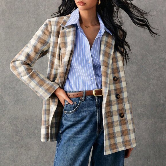 Multicolor Casual Women's Plaid Print Double-Breasted Long Sleeve Blazer Jacket - Picture 4 of 7